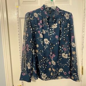 Ann Taylor Floral Blouse with Sheer Sleeves - Blue and White